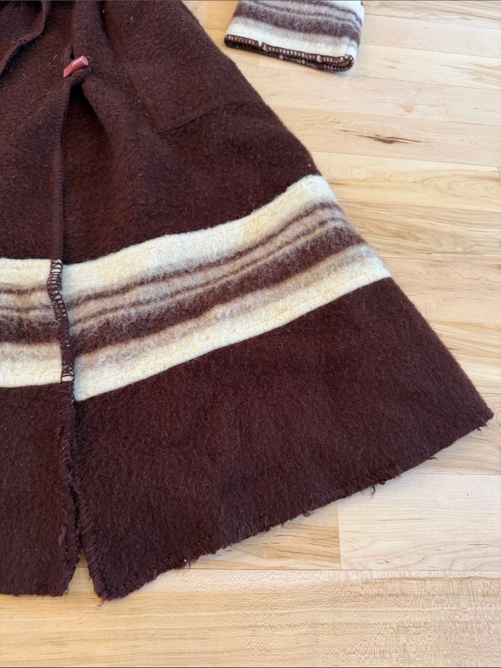 Vintage-100% Wool-Striped Cuff-Hem- brown hooded belted jacket coat-70s - Picture 2 of 8